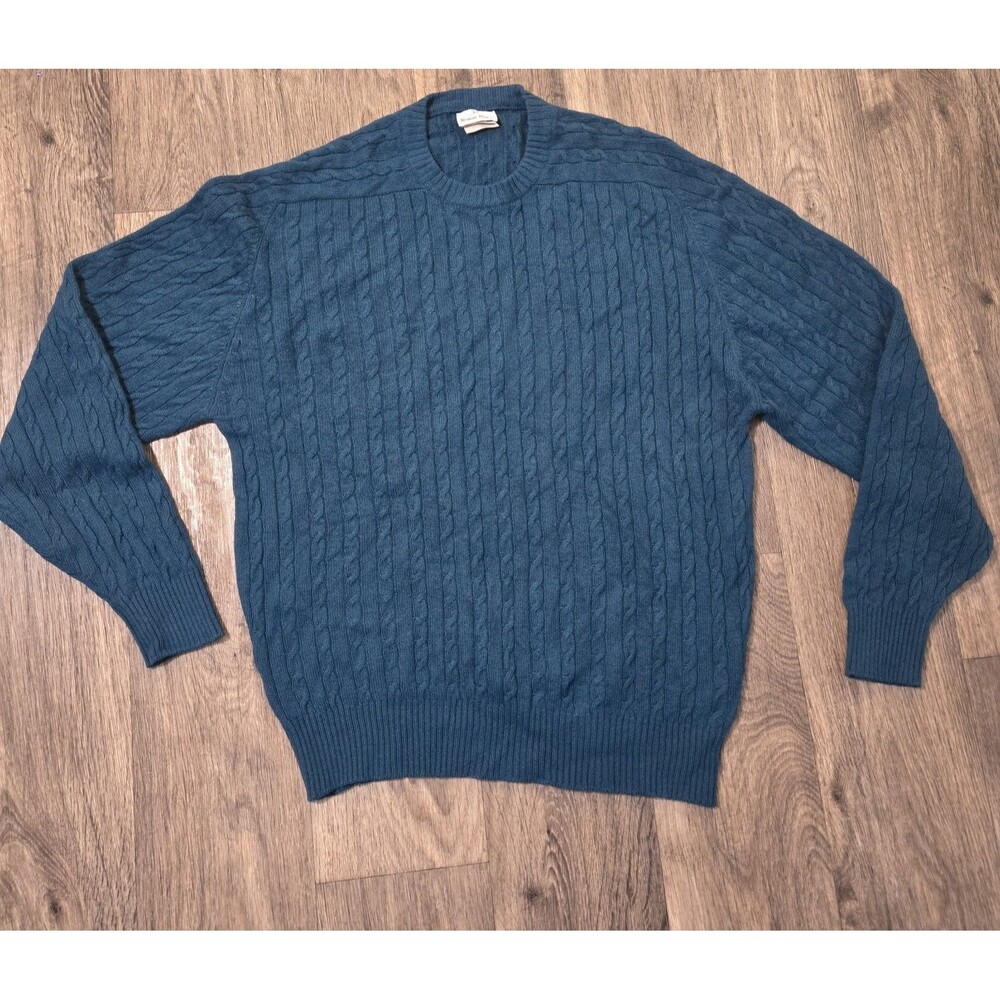 Vtg Neiman Marcus 100% Cashmere Cable Knit Sweater Men XL Teal Blue Ribbed Cuff